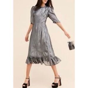 NWOT Paul & Joe Sister Anthropologie Majestee Metallic Silver Ruffled Midi Dress
